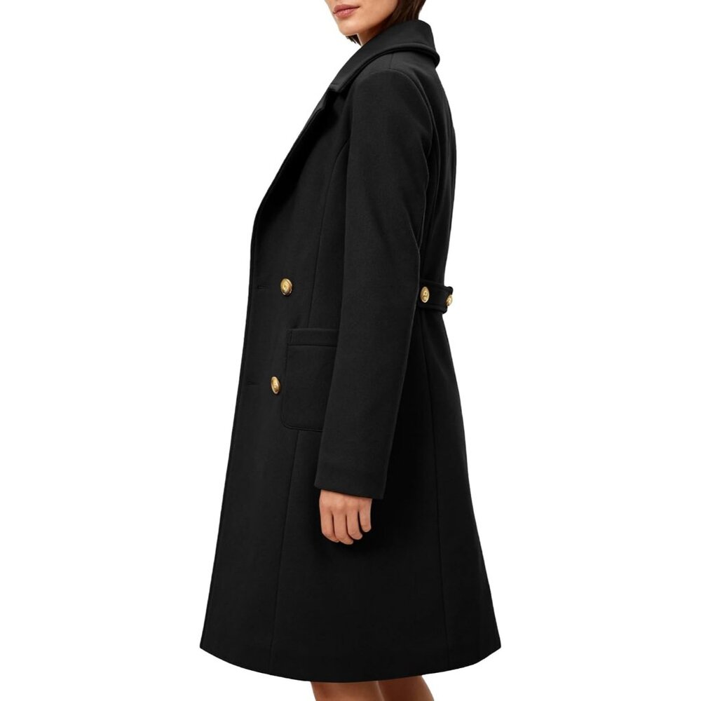Women's Black Winter Double-breasted Long Overcoat Classic Casual Trench Coat - Picture 3 of 7